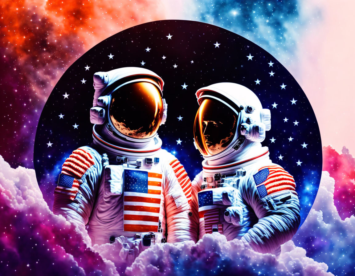 Astronauts with American flag patches in cosmic setting