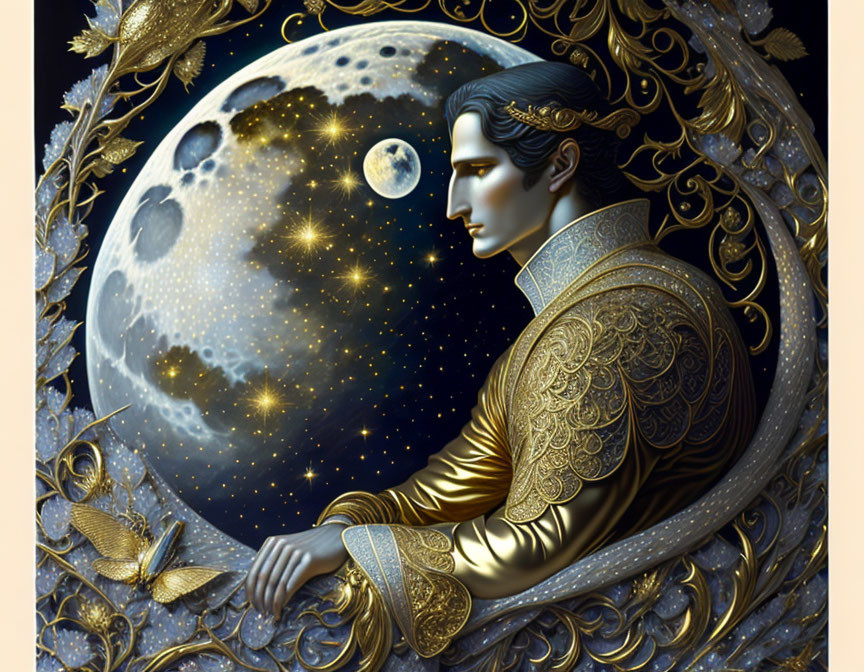 Illustrated portrait with ornate attire in cosmic setting