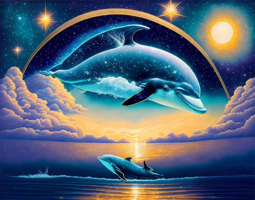 Surreal illustration: Dolphins in cosmic marine scene