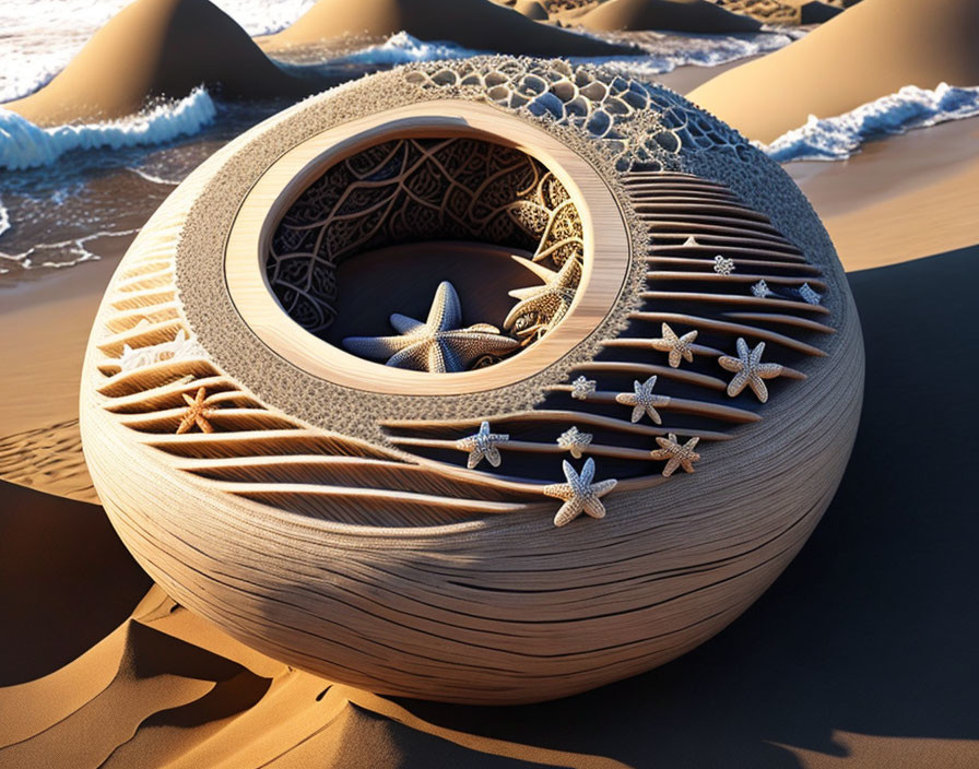 Intricate 3D-rendered doughnut object on sandy surface with starfish-like figures