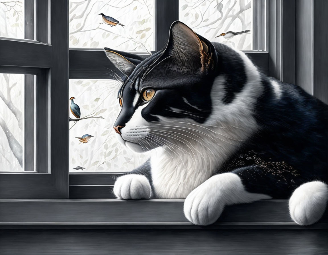 Black and white cat watching birds by window in wintry setting