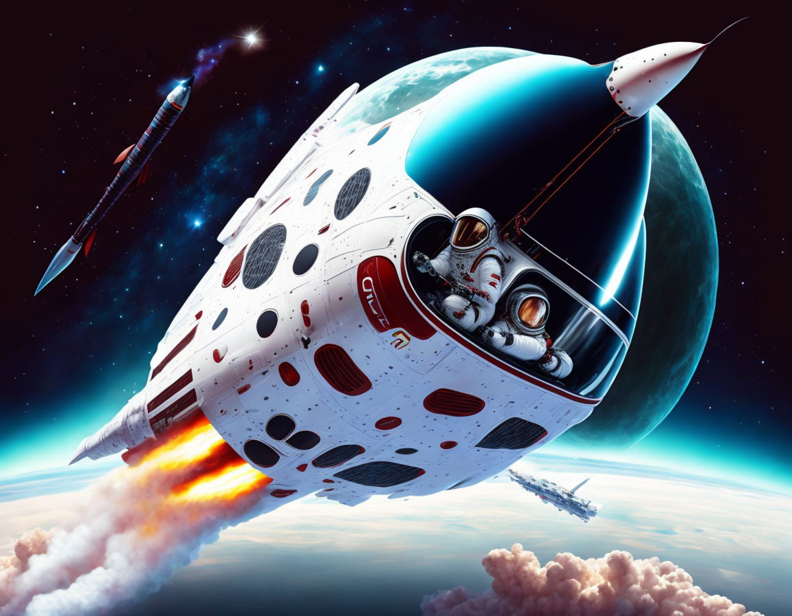 Whimsical golf ball-shaped spacecraft with robot pilot in space scene