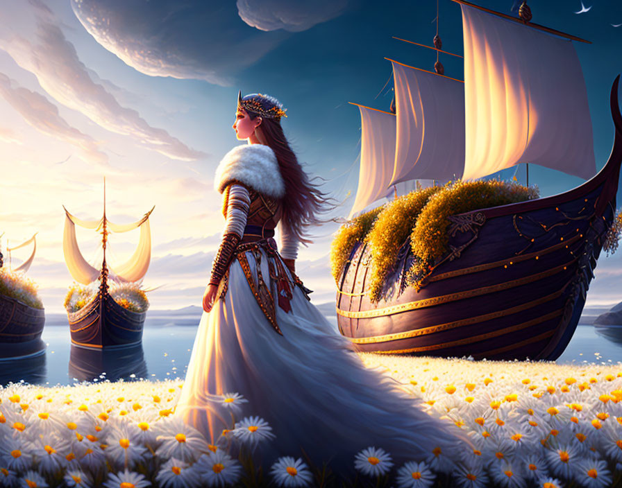 Woman in white dress with fur and armor in field of daisies with Viking ships at sunset