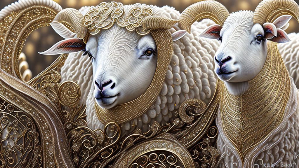 Ornately Decorated Sheep with Golden Patterns on Wool