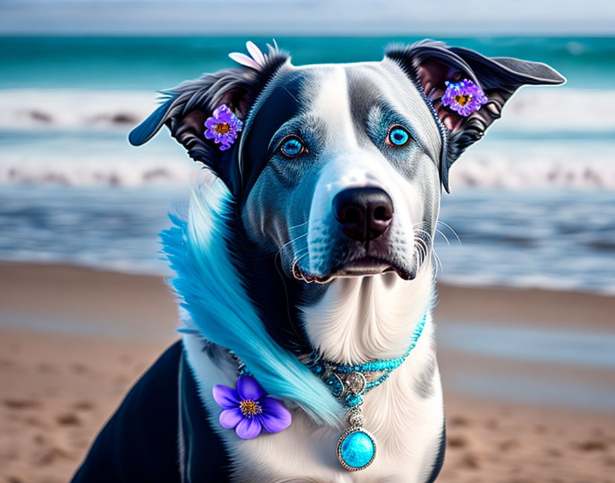 Black and White Dog with Blue Eyes and Floral Accessories on Beach Background