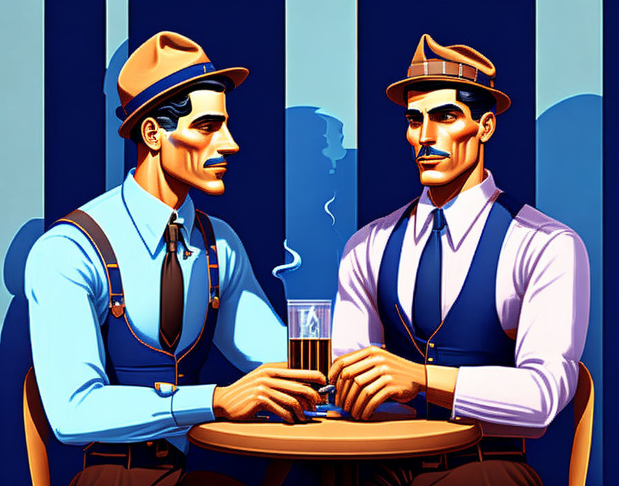 Vintage-styled men in hats and suspenders at a table in blue illustration