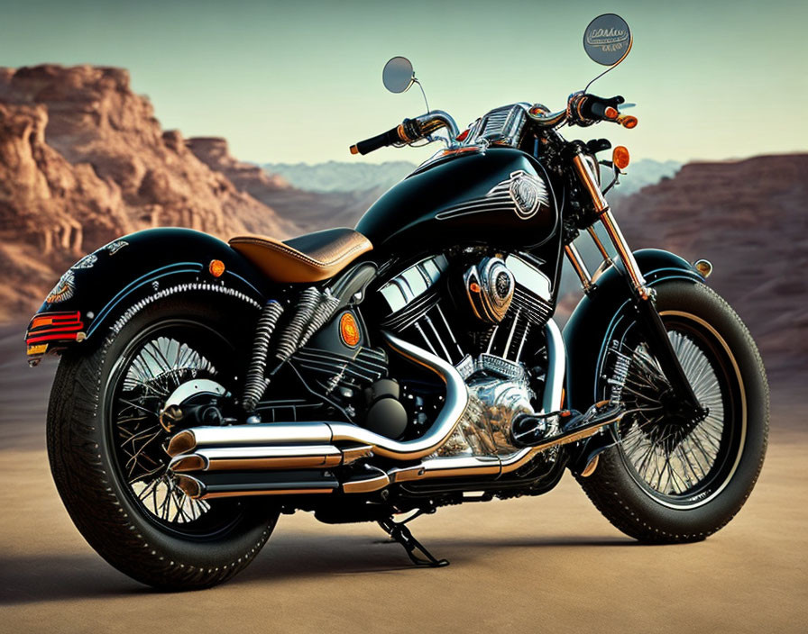 Black Cruiser Motorcycle with Chrome Details in Desert Setting