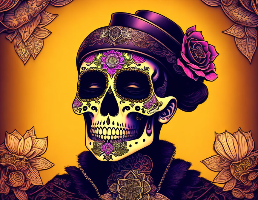 Vibrant skull with floral patterns on yellow backdrop for Dia de los Muertos