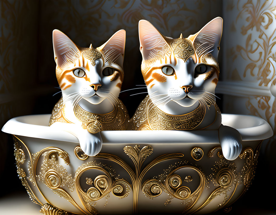 Golden-patterned cats in ornate bathtub with wallpaper background and sunlight shadows