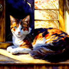 Calico Cat Relaxing on Sunny Windowsill in Cozy Interior