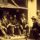 Men in 19th-Century Attire with Hats and Rifles Outside Wooden Structure