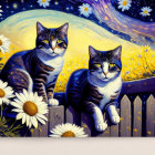 Illustration of two cat-bird creatures on fence amid vibrant flowers