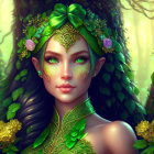 Fantasy digital artwork: Female character with green hair and gold jewelry in forest.