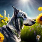 Digital art: Gray Scottish Terrier in vibrant field with yellow flowers under dramatic sky.