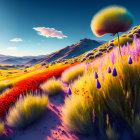 Fantastical landscape: rolling hills, colorful flora, oversized dandelion, sunset sky