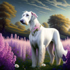 White Scottish Terrier in Field of Purple Flowers at Dusk