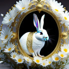 White Rabbit with Golden Band in Oval Mirror Surrounded by Daisies