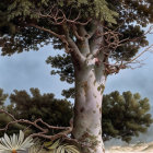 Majestic pine tree with twisted trunk and green foliage under cloudy sky