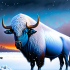 Digitally-rendered blue yak in snowy twilight landscape