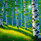 Lush forest scene with birch trees, green grass, pink flowers, and sunlight beams