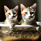 Golden-patterned cats in ornate bathtub with wallpaper background and sunlight shadows