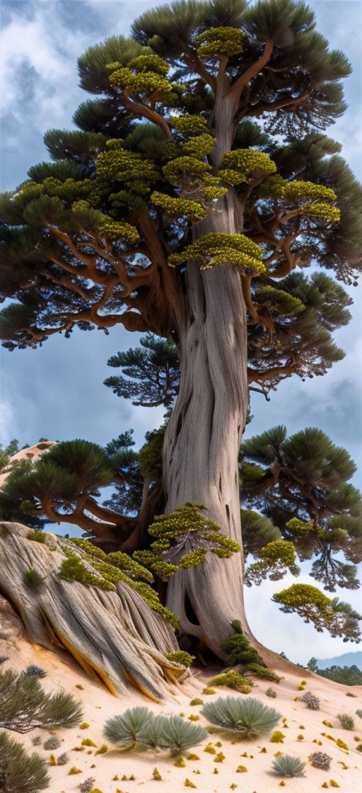 Majestic pine tree with twisted trunk and green foliage under cloudy sky