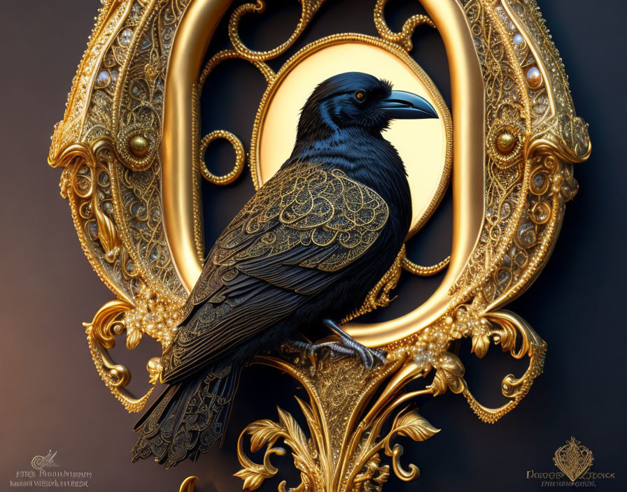 Black Raven with Gold Ornate Feathers in Luxurious Golden Frame