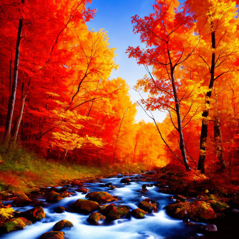 Serene autumn landscape with orange and red leaves over rocky stream