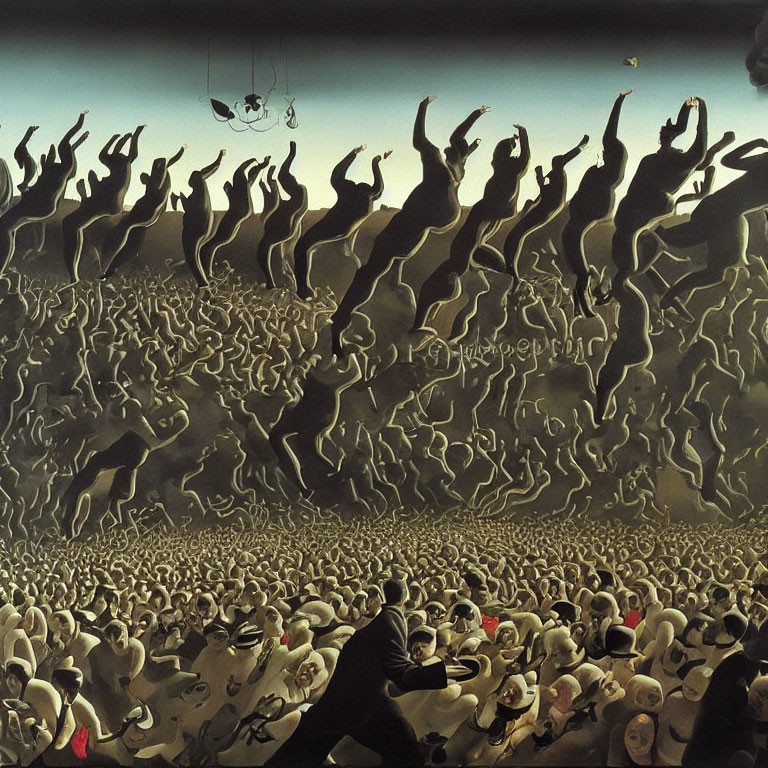 Surreal artwork of massive crowd reaching towards light