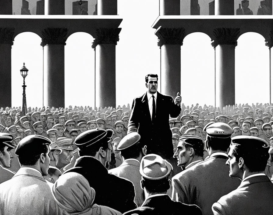 Monochrome illustration of man speaking to crowd under columns