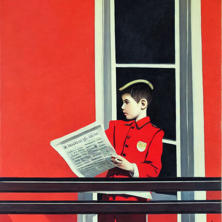 Bellboy in Red Uniform Reading Newspaper Against Red Backdrop with White Window Frame