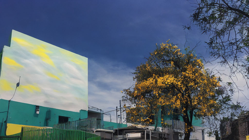 Yellow-blossoming tree and colorful mural by building under blue sky