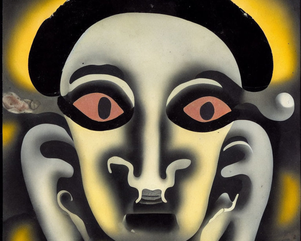 Monochrome surrealistic face with exaggerated features in yellow and black palette