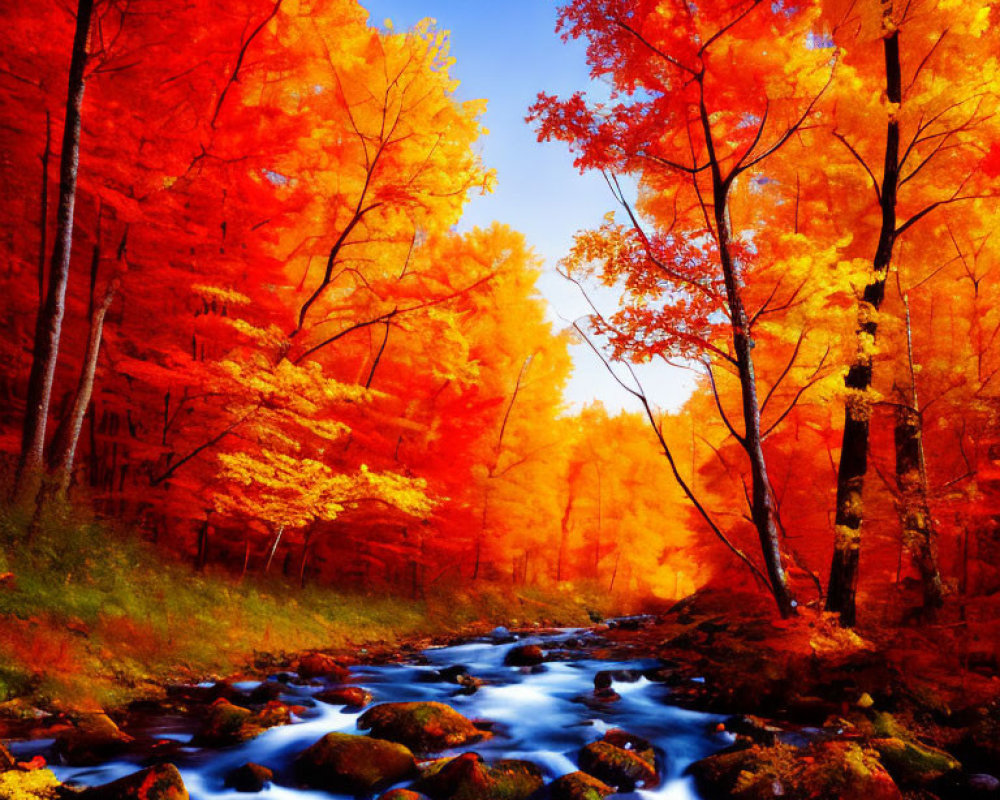 Serene autumn landscape with orange and red leaves over rocky stream