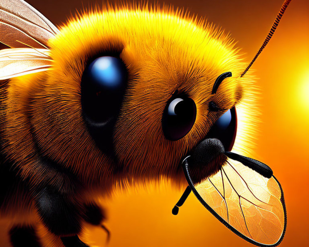 Detailed stylized bee illustration with exaggerated furry texture and shiny eyes on orange backdrop