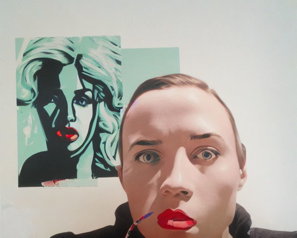 Person with paintbrush in mouth and pop art Marilyn Monroe painting in background.