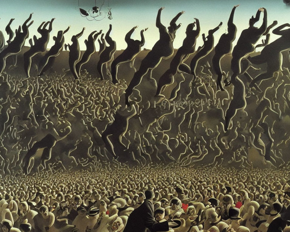 Surreal artwork of massive crowd reaching towards light