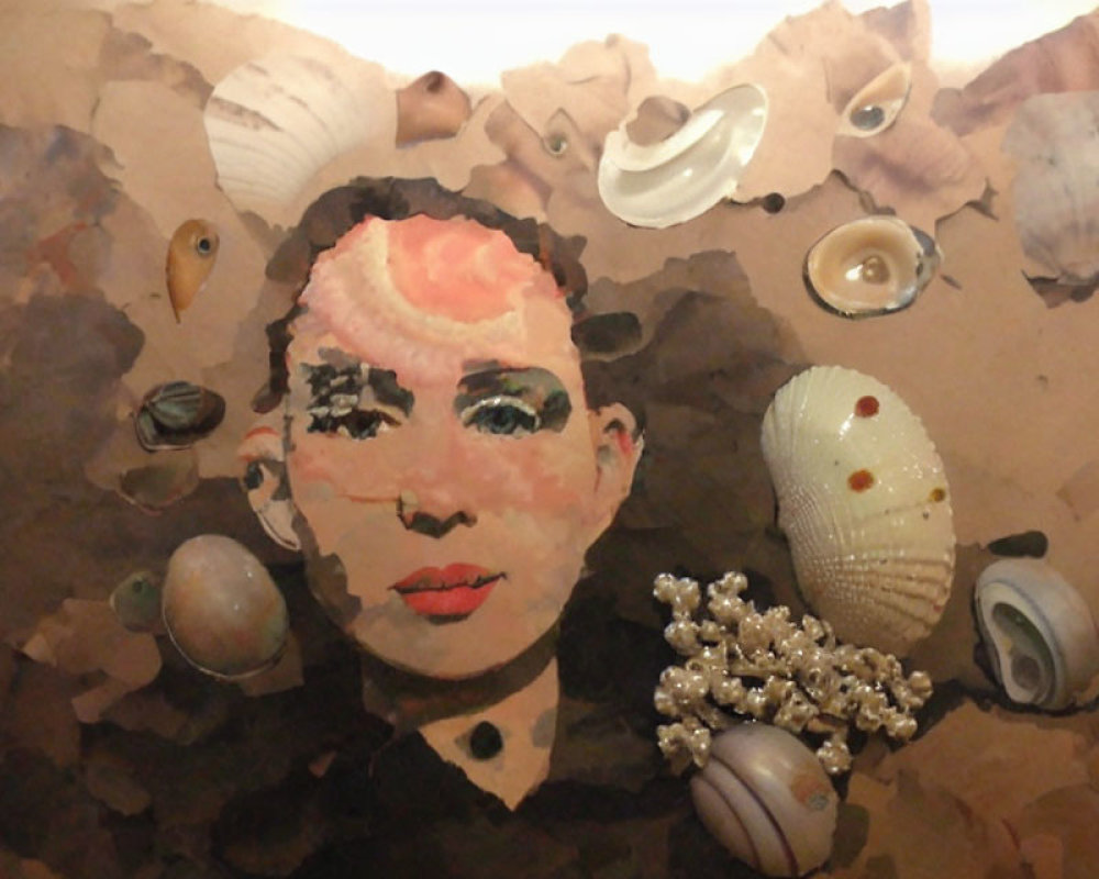 Earth-toned paper collage adorned with seashells.