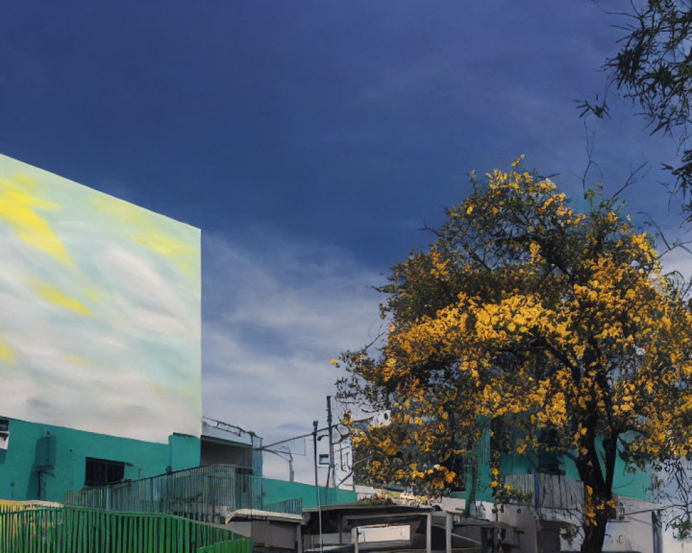 Yellow-blossoming tree and colorful mural by building under blue sky