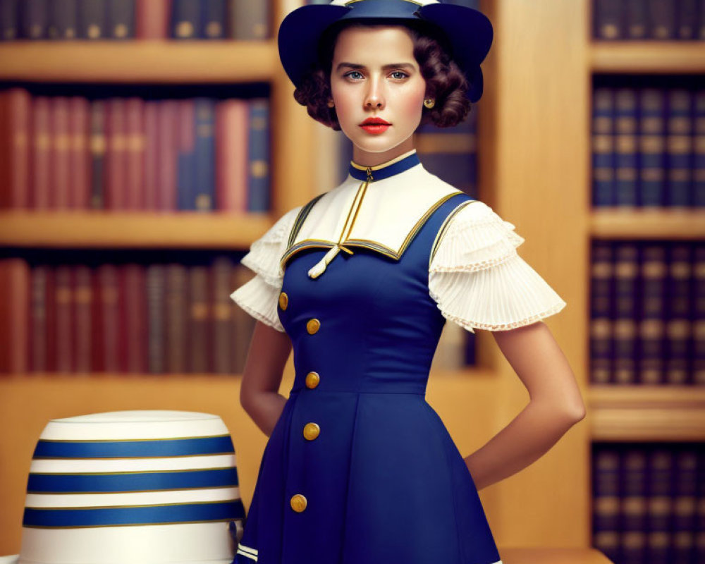 Vintage blue sailor dress woman in library with shelves of books