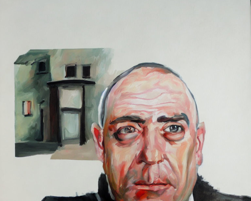 Intense gaze bald man painting with expressive brushwork