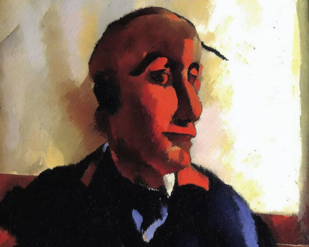 Abstract Cubist Painting of Bald Man in Suit with Prominent Nose