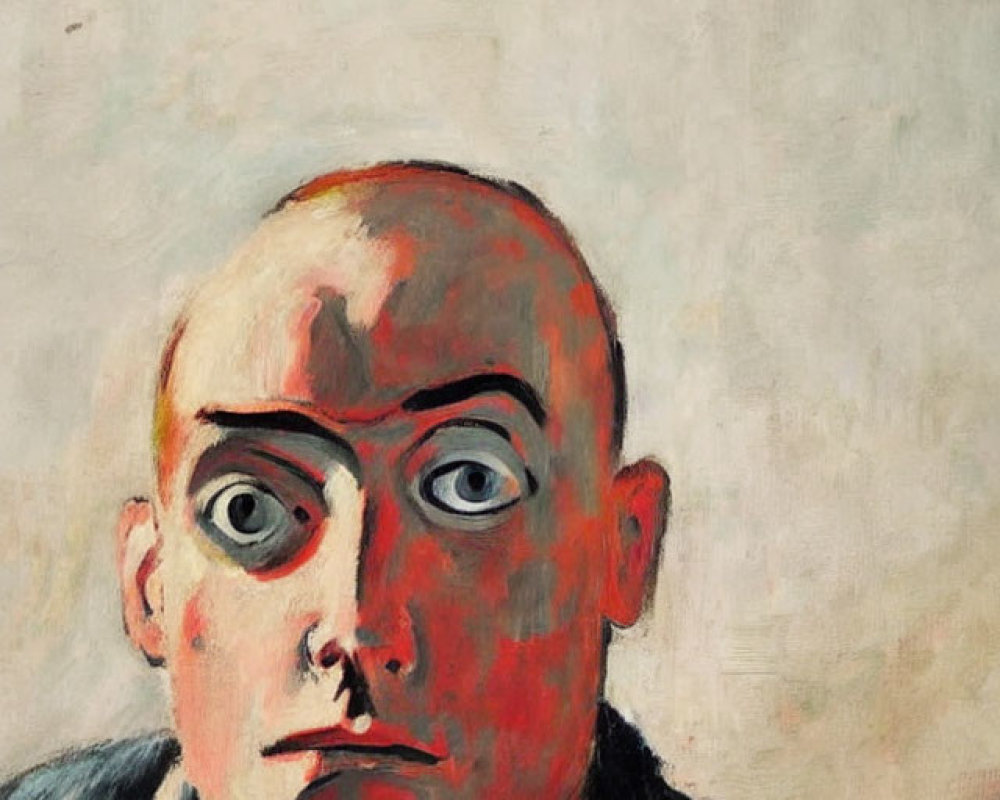 Portrait of bald individual with wide eyes and red cheek