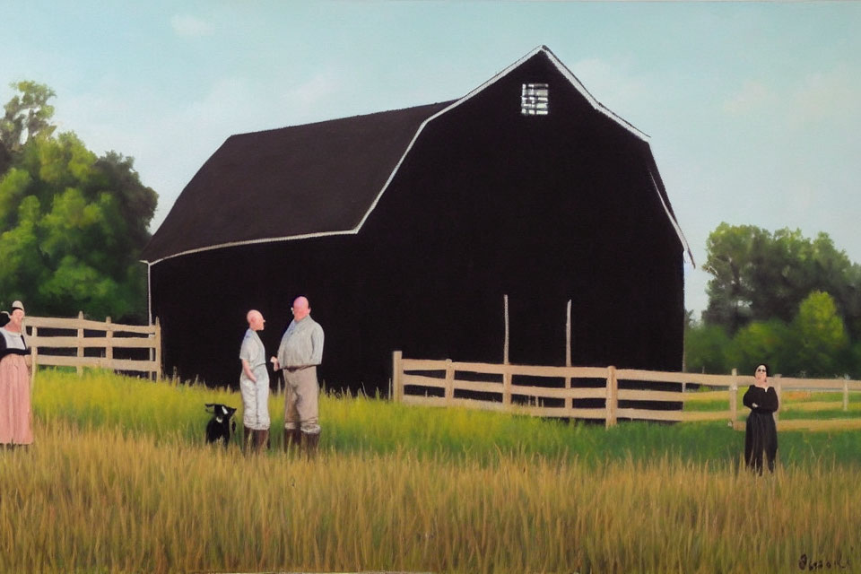 Amish family painting near black barn & wooden fence