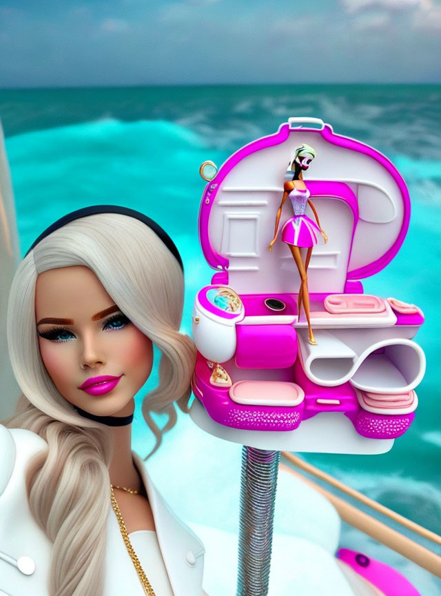 Platinum blonde woman with doll-sized figure in pink playset by ocean