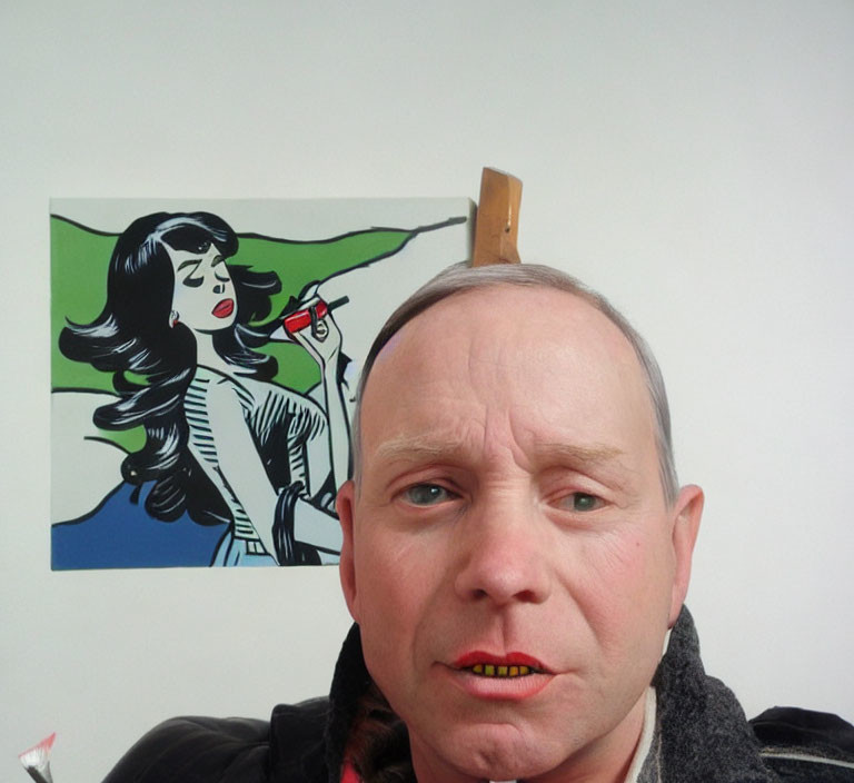 Bald Man with Concerned Expression and Pop Art Style Woman Painting