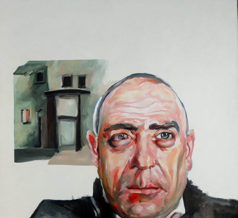 Intense gaze bald man painting with expressive brushwork