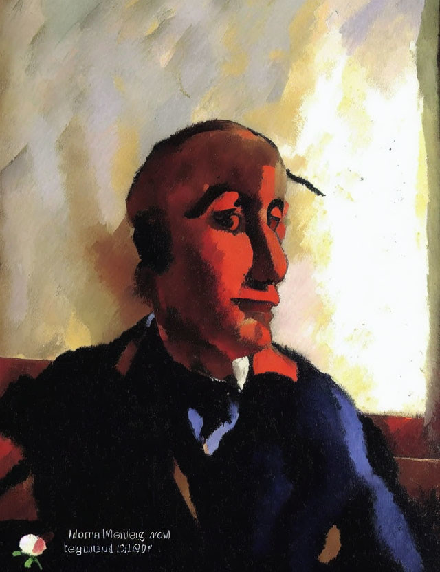 Abstract Cubist Painting of Bald Man in Suit with Prominent Nose