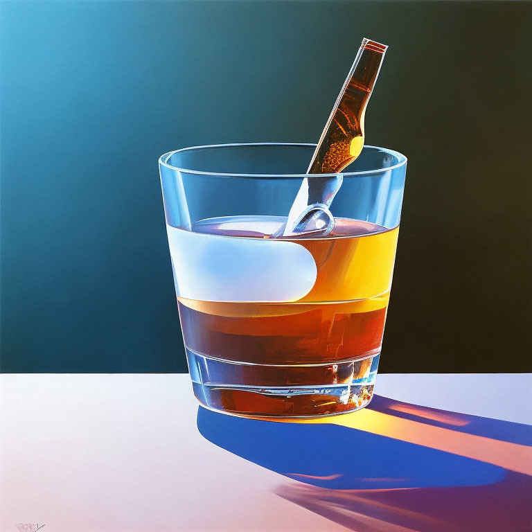 Hyperrealistic Painting of Glass Half-Filled with Amber Liquid and Ice