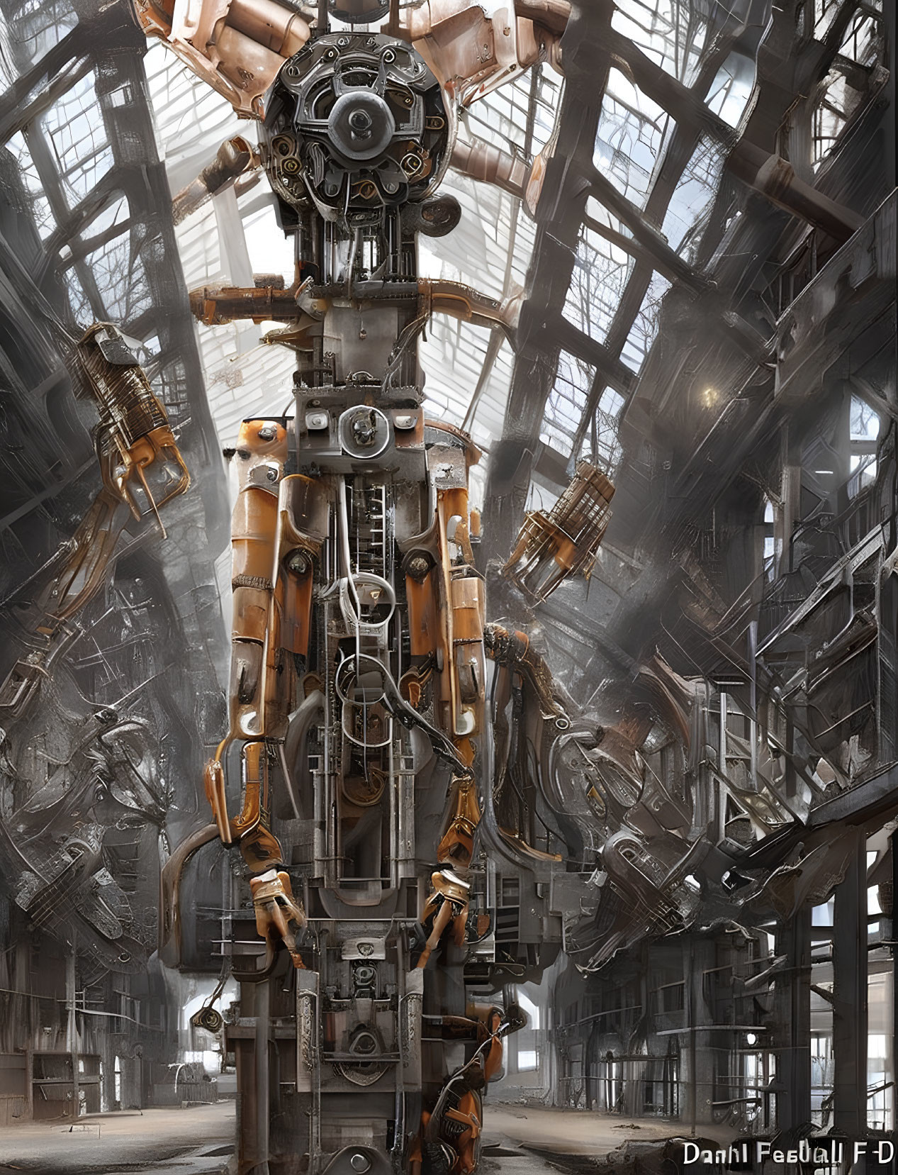 Giant mech with intricate details in old industrial hangar